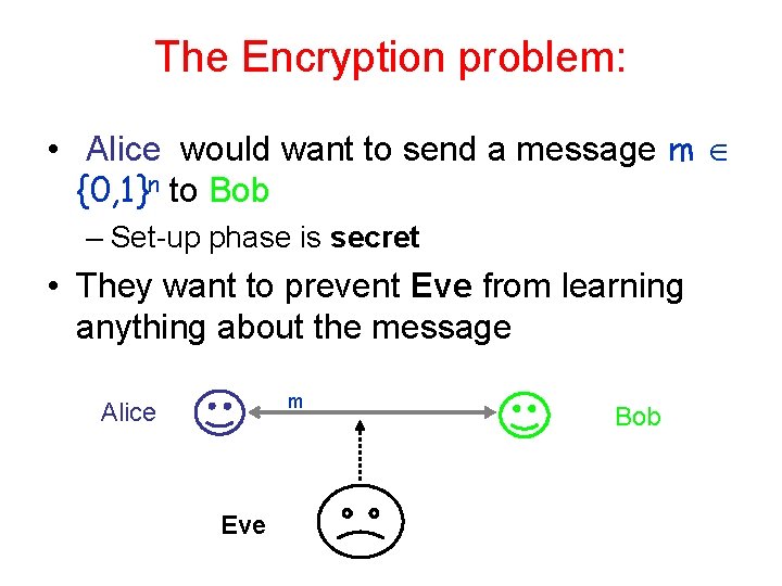 The Encryption problem: • Alice would want to send a message m {0, 1}n