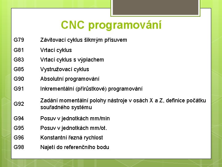 CNC programování G 79 Závitovací cyklus šikmým přísuvem G 81 Vrtací cyklus G 83