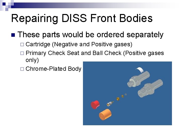 Repairing DISS Front Bodies n These parts would be ordered separately ¨ Cartridge (Negative
