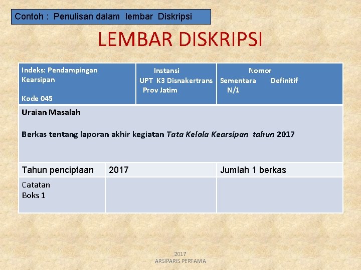 Contoh : Penulisan dalam lembar Diskripsi LEMBAR DISKRIPSI Indeks: Pendampingan Kearsipan Instansi Nomor UPT