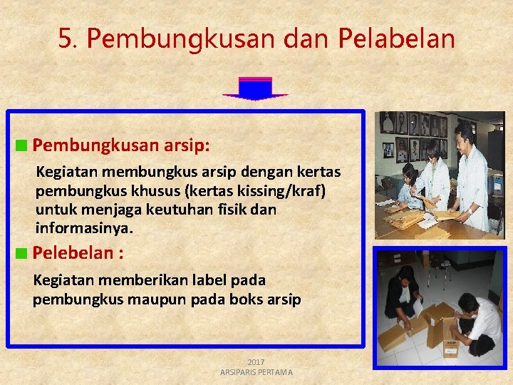 5. Pembungkusan dan Pelabelan Pembungkusan arsip: Kegiatan membungkus arsip dengan kertas pembungkus khusus (kertas