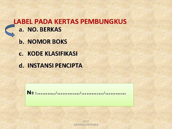 LABEL PADA KERTAS PEMBUNGKUS a. NO. BERKAS b. NOMOR BOKS c. KODE KLASIFIKASI d.