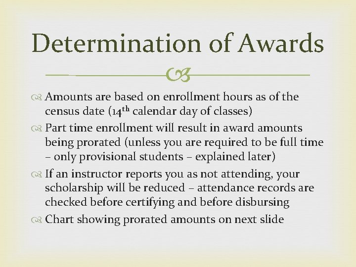 Determination of Awards Amounts are based on enrollment hours as of the census date