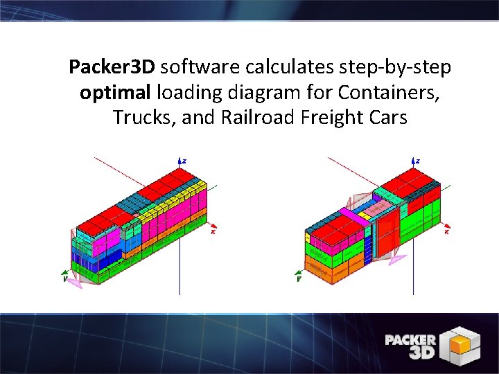 Packer 3 D software calculates step-by-step optimal loading diagram for Containers, Trucks, and Railroad