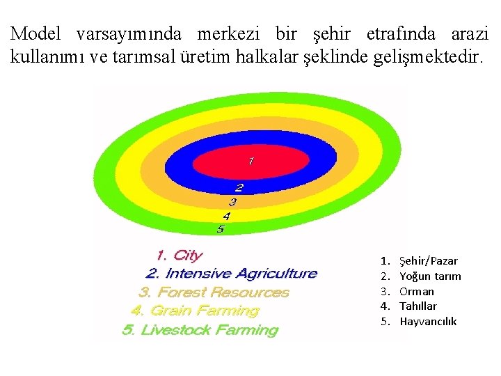 Model varsayımında merkezi bir şehir etrafında arazi kullanımı ve tarımsal üretim halkalar şeklinde gelişmektedir.