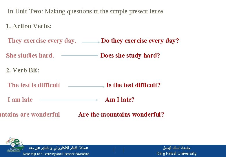 In Unit Two: Making questions in the simple present tense 1. Action Verbs: They