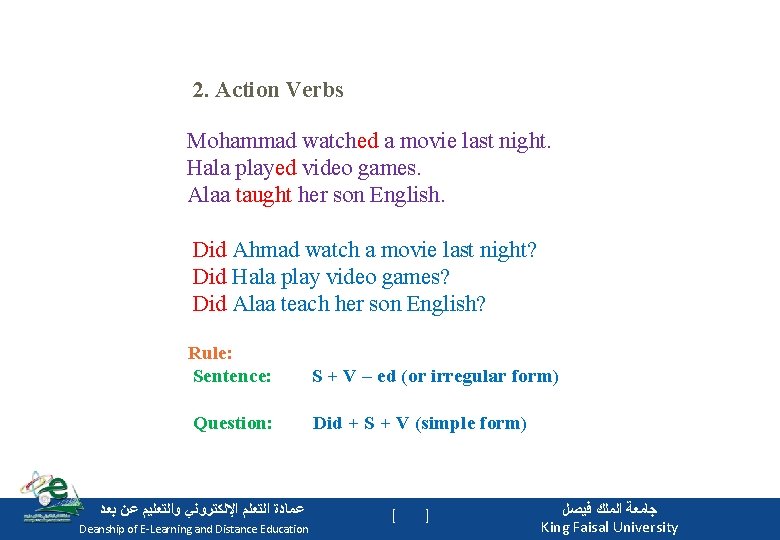 2. Action Verbs Mohammad watched a movie last night. Hala played video games. Alaa