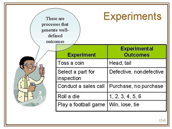 These are processes that generate welldefined outcomes Experiments Experimental Outcomes Toss a coin Head,