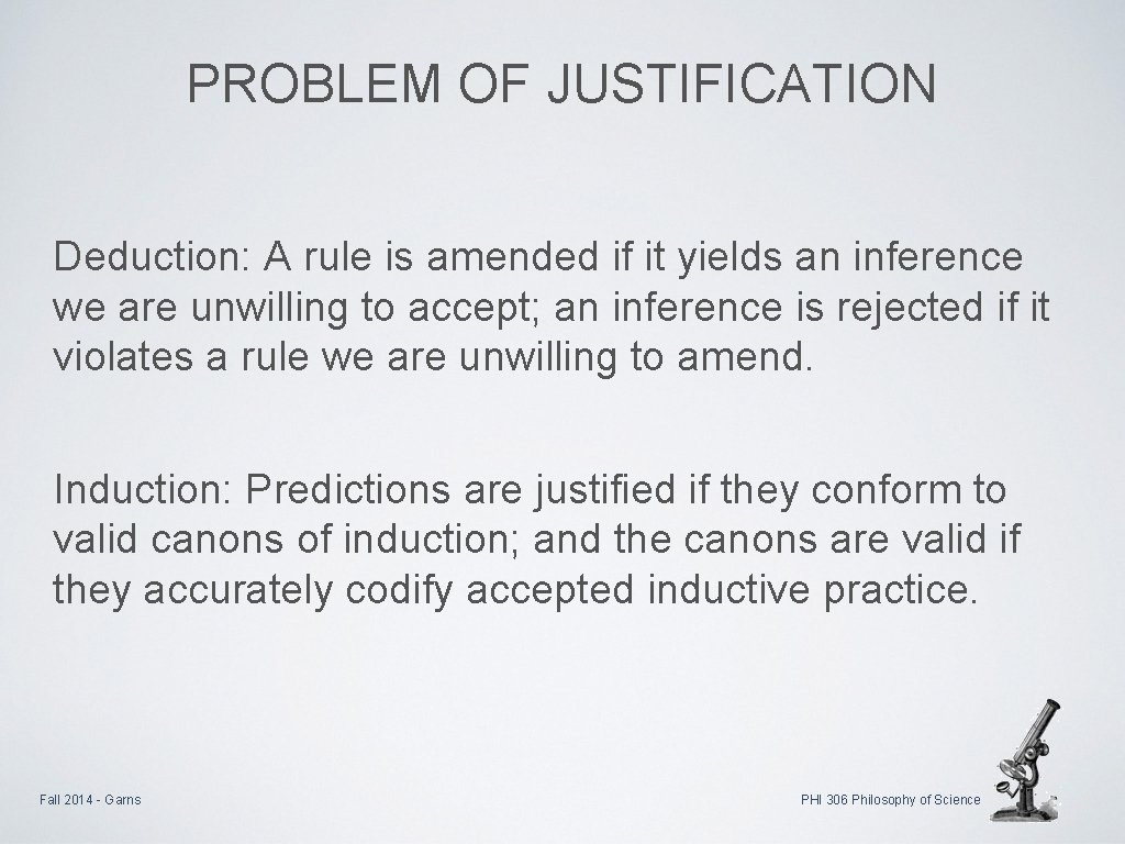 PROBLEM OF JUSTIFICATION Deduction: A rule is amended if it yields an inference we