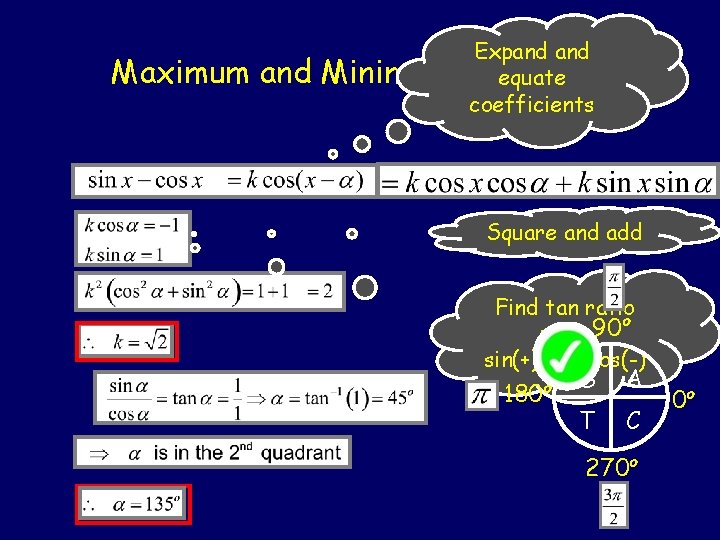 Maximum and Minimum Expand Values equate coefficients Square and add Find tan ratio o