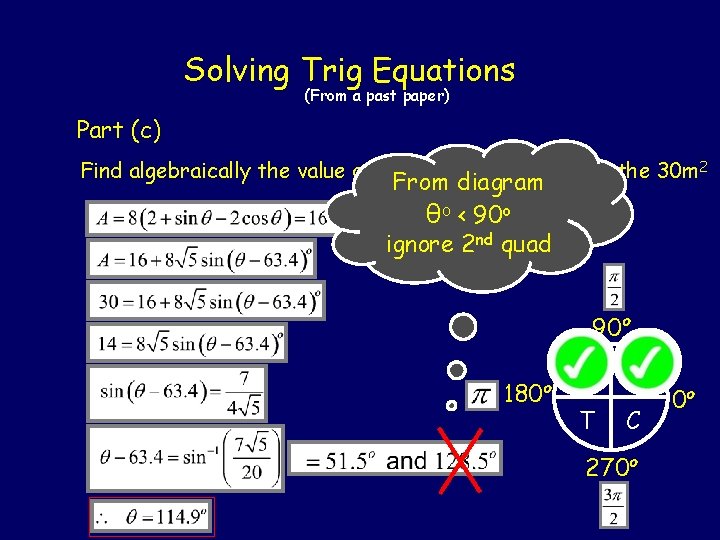 Solving Trig Equations (From a past paper) Part (c) Find algebraically the value of