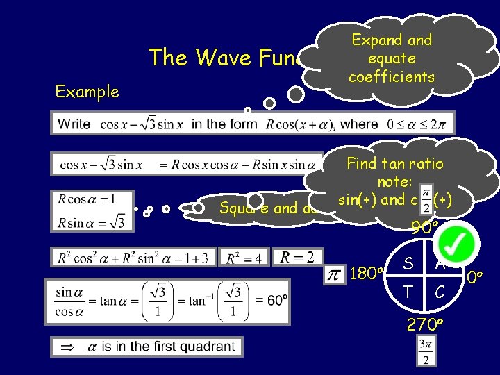 The Wave Example Expand Function equate coefficients Square and add Find tan ratio note:
