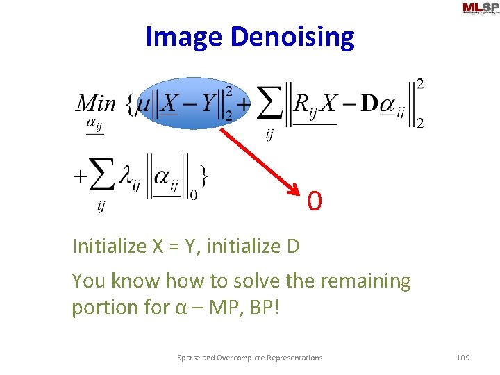 Image Denoising 0 Initialize X = Y, initialize D You know how to solve