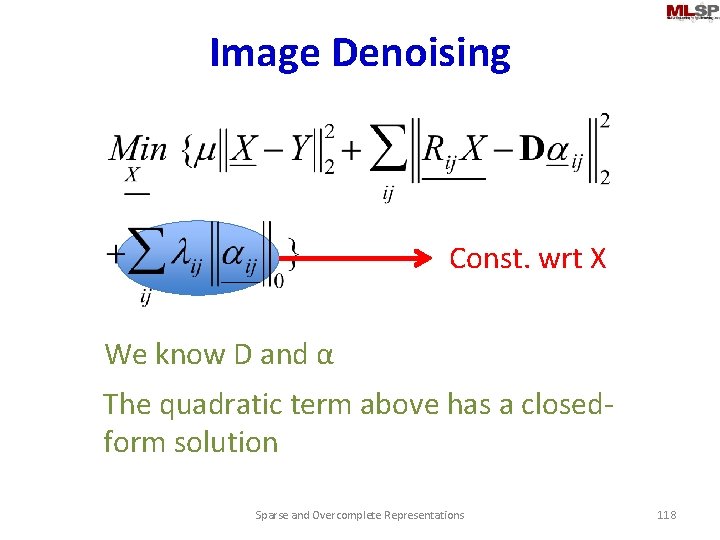 Image Denoising Const. wrt X We know D and α The quadratic term above