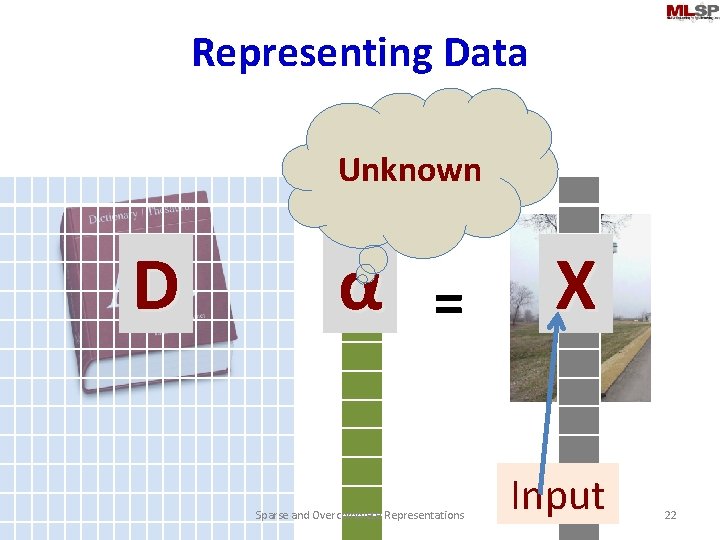 Representing Data Unknown D α = Sparse and Overcomplete Representations X Input 22 