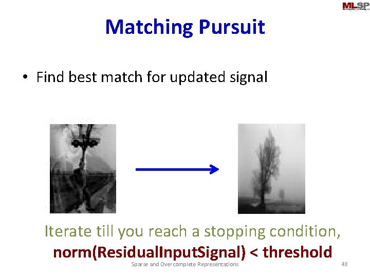 Matching Pursuit • Find best match for updated signal Iterate till you reach a