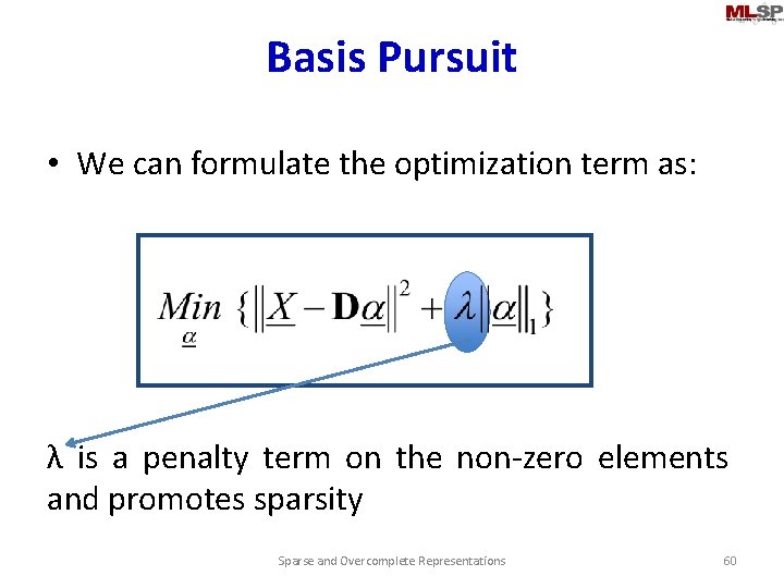 Basis Pursuit • We can formulate the optimization term as: λ is a penalty