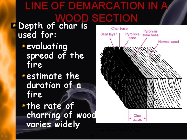 LINE OF DEMARCATION IN A WOOD SECTION Depth of char is used for: evaluating