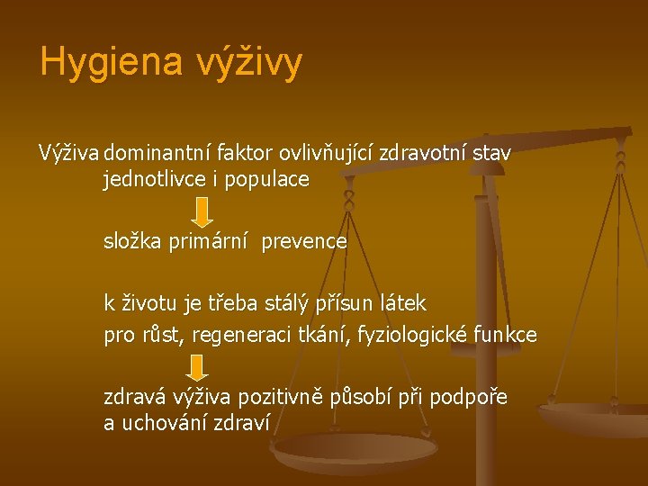 Hygiena výživy Výživa dominantní faktor ovlivňující zdravotní stav jednotlivce i populace složka primární prevence