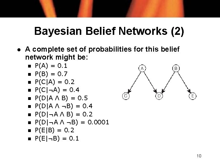 Bayesian Belief Networks (2) l A complete set of probabilities for this belief network