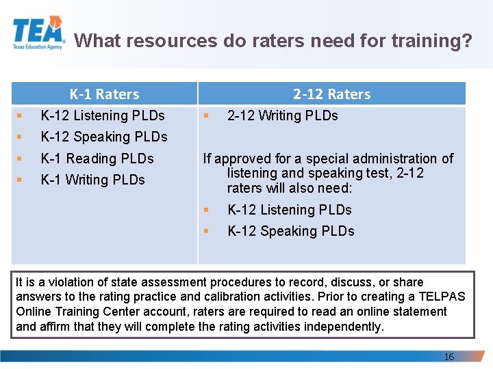 What resources do raters need for training? K-1 Raters § K-12 Listening PLDs § What resources do raters need for training? K-1 Raters § K-12 Listening PLDs §