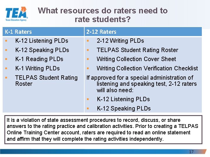 What resources do raters need to rate students? K-1 Raters 2 -12 Raters § What resources do raters need to rate students? K-1 Raters 2 -12 Raters §