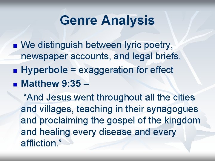 Genre Analysis n n n We distinguish between lyric poetry, newspaper accounts, and legal