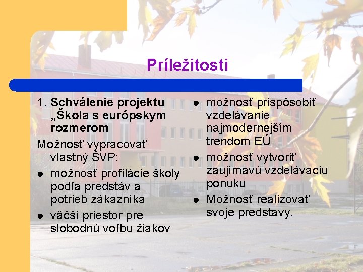 Príležitosti 1. Schválenie projektu „Škola s európskym rozmerom Možnosť vypracovať vlastný ŠVP: l možnosť