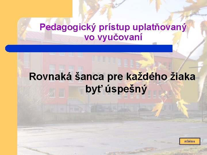 Pedagogický prístup uplatňovaný vo vyučovaní Rovnaká šanca pre každého žiaka byť úspešný schéma 