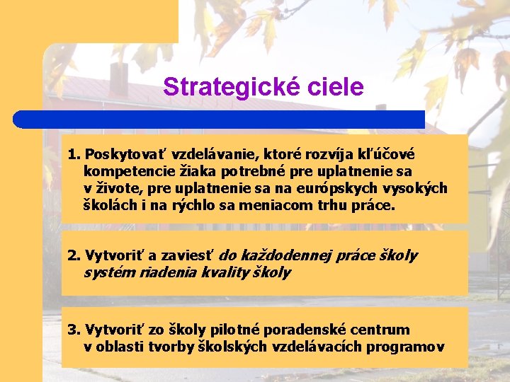 Strategické ciele 1. Poskytovať vzdelávanie, ktoré rozvíja kľúčové kompetencie žiaka potrebné pre uplatnenie sa