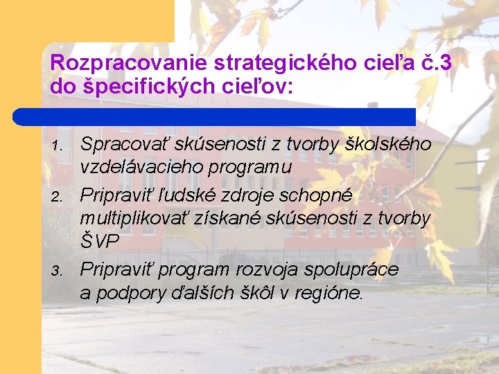 Rozpracovanie strategického cieľa č. 3 do špecifických cieľov: 1. 2. 3. Spracovať skúsenosti z