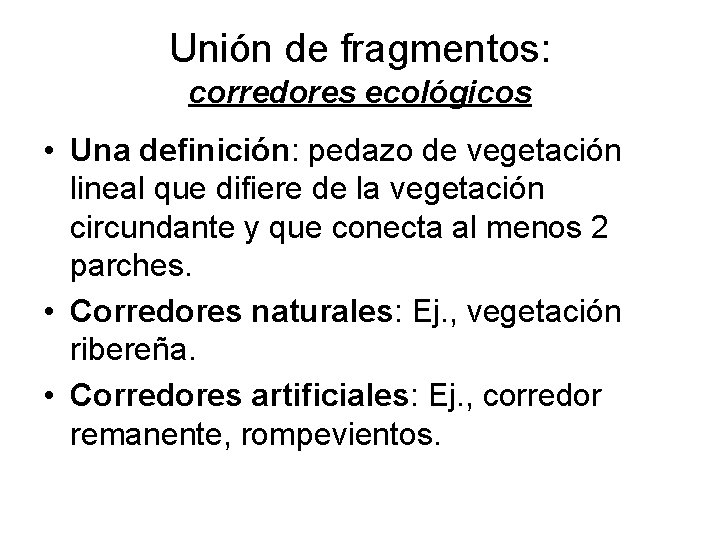 Unión de fragmentos: corredores ecológicos • Una definición: pedazo de vegetación lineal que difiere