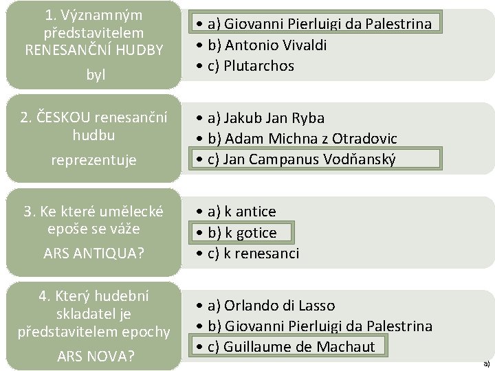 1. Významným představitelem RENESANČNÍ HUDBY byl 2. ČESKOU renesanční hudbu reprezentuje 3. Ke které