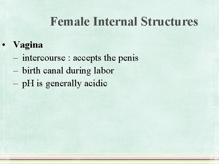 Female Internal Structures • Vagina – intercourse : accepts the penis – birth canal