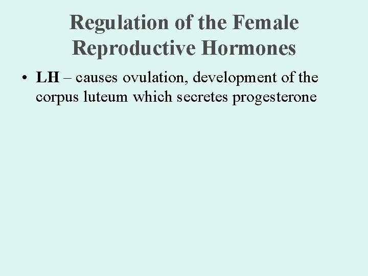 Regulation of the Female Reproductive Hormones • LH – causes ovulation, development of the