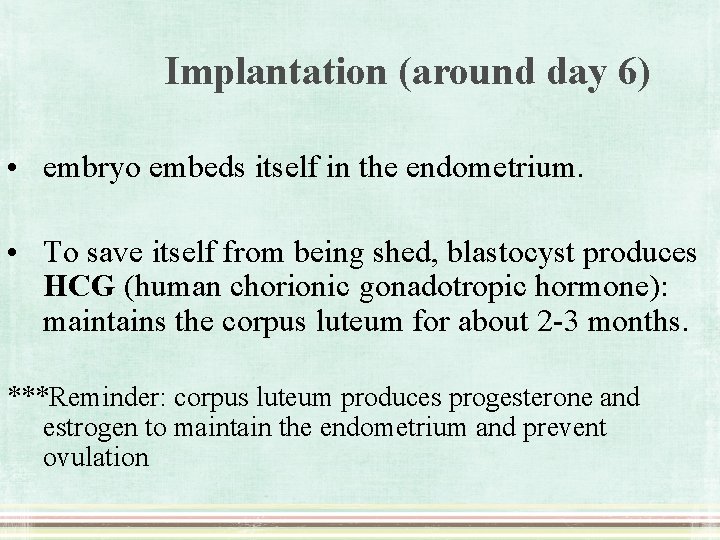 Implantation (around day 6) • embryo embeds itself in the endometrium. • To save