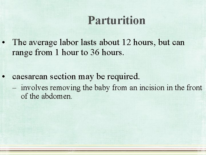 Parturition • The average labor lasts about 12 hours, but can range from 1