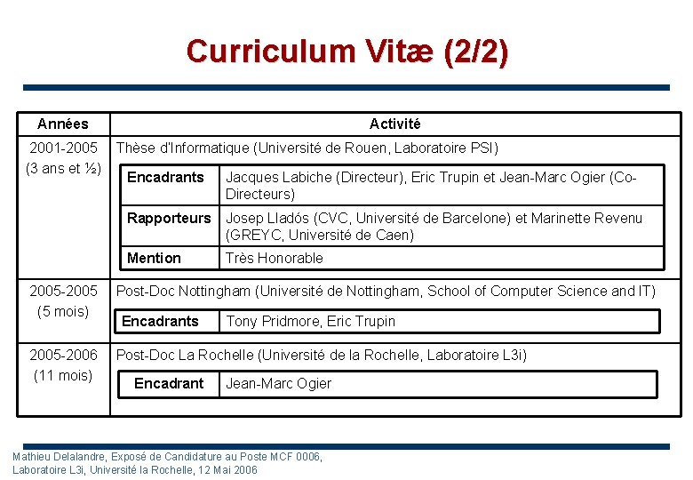 Curriculum Vitæ (2/2) Années 2001 -2005 (3 ans et ½) Activité Thèse d’Informatique (Université