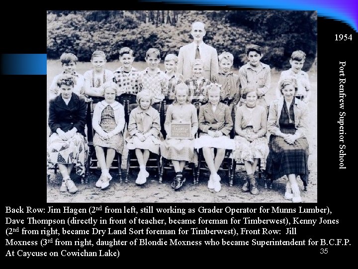 1954 Port Renfrew Superior School Back Row: Jim Hagen (2 nd from left, still