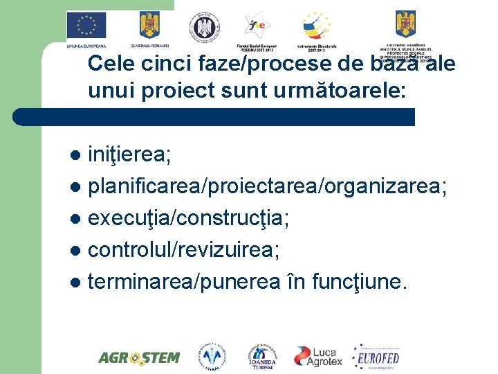 Cele cinci faze/procese de bază ale unui proiect sunt următoarele: iniţierea; l planificarea/proiectarea/organizarea; l