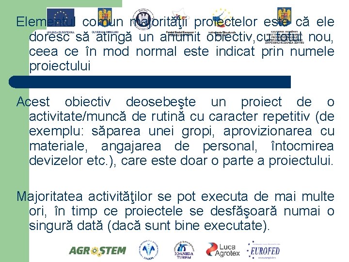 Elementul comun majorităţii proiectelor este că ele doresc să atingă un anumit obiectiv, cu
