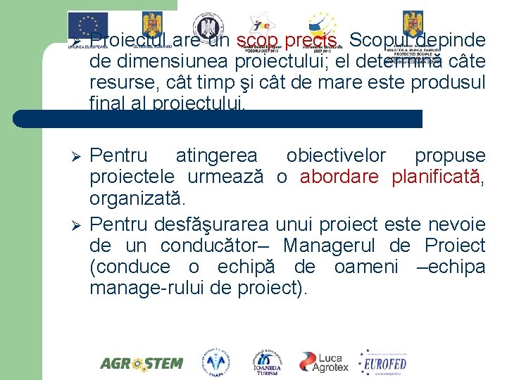 Ø Proiectul are un scop precis. Scopul depinde de dimensiunea proiectului; el determină câte