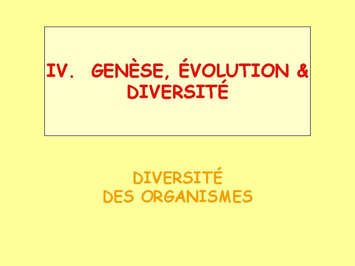 IV. GENÈSE, ÉVOLUTION & DIVERSITÉ DES ORGANISMES 