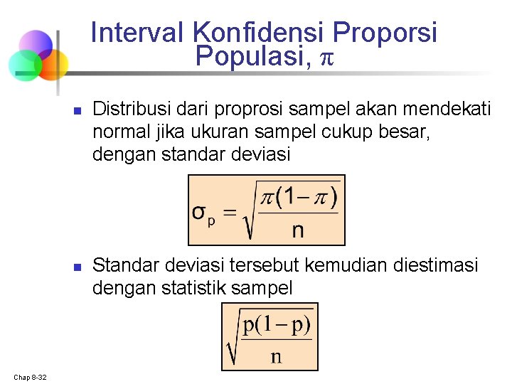 Interval Konfidensi Proporsi Populasi, π n n Chap 8 -32 Distribusi dari proprosi sampel