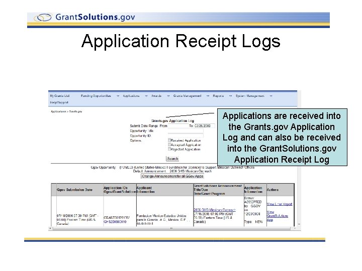 Application Receipt Logs Applications are received into the Grants. gov Application Log and can