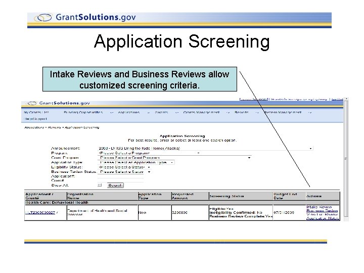 Application Screening Intake Reviews and Business Reviews allow customized screening criteria. 