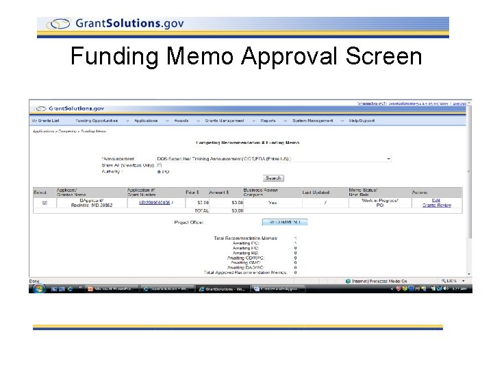 Funding Memo Approval Screen 