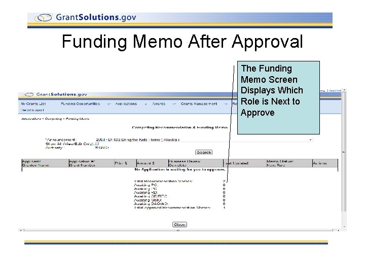 Funding Memo After Approval The Funding Memo Screen Displays Which Role is Next to