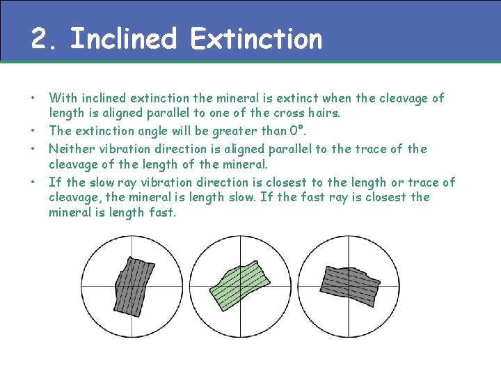 2. Inclined Extinction • • With inclined extinction the mineral is extinct when the