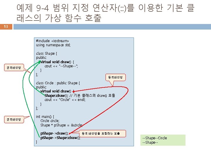 예제 9 -4 범위 지정 연산자(: : )를 이용한 기본 클 래스의 가상 함수